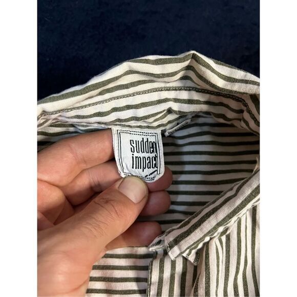 Vintage 80s Sudden Impact Stripped Button Up Shirt Sz Large B6 - Picture 3 of 8